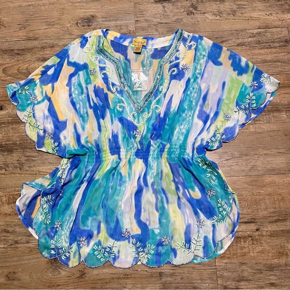 NWOT Midnight Velvet Sheer Tunic Top XL Multi Beaded Embroidered V-Neck - Picture 11 of 16